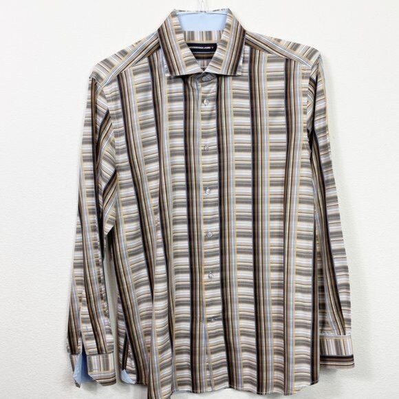 International Laundry Brown Tan Blue Plaid Button Down Size Large - Picture 2 of 9